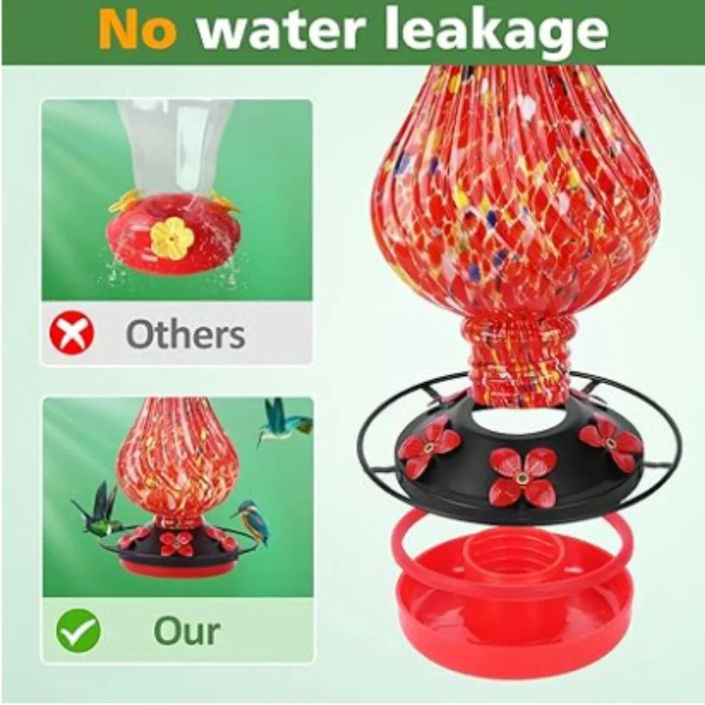 28 oz - Hand Blown Glass Hummingbird Feeder for Outdoors